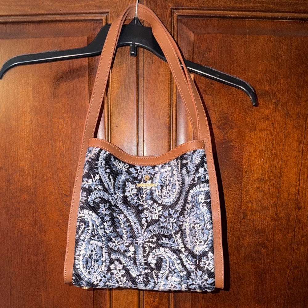Spartina 449 Brown Leather-Trim Embroidered Canvas Paisley Shoulder Bag